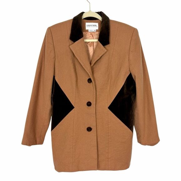Urban Wool Jackets & Blazers - Vintage Urban Wool Blazer Womens 14 Tan Brown Merino l Velvet Trim Button Front